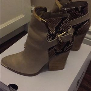 Aldo tan (faux) snakeskin bootie with gold hardware